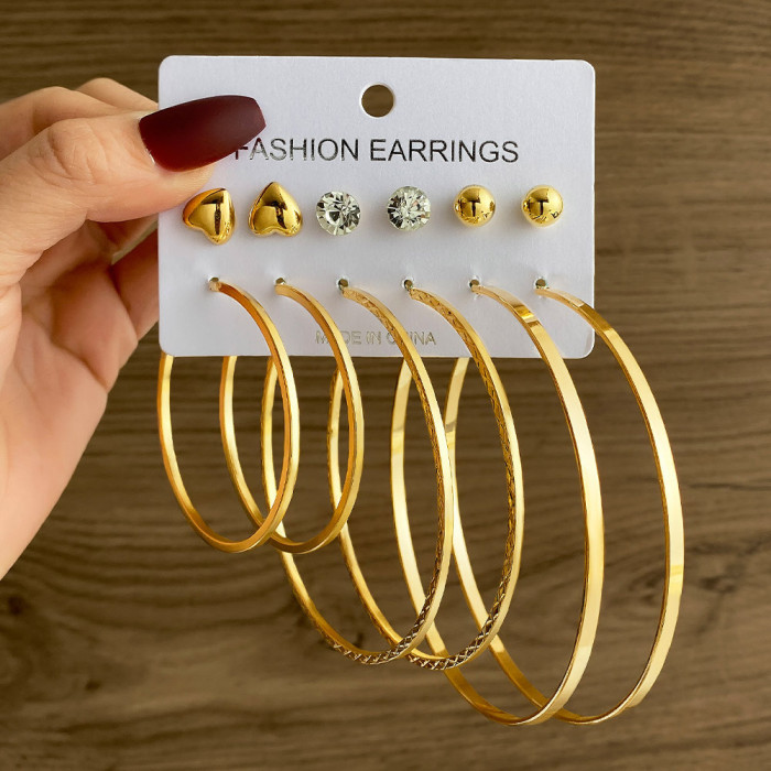 Fashion Commuting Large Circle Hoop Earrings Heart Studs Simple Geometric Coil Metal Clip Earrings Set, Jewelry Sets