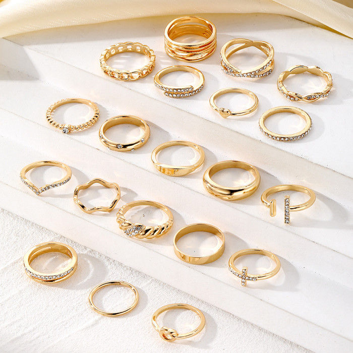 European and American Cross-Border New Style Diamond Cross Knot Heart Spiral Ring 20-Piece Set Adjustable Open Rings