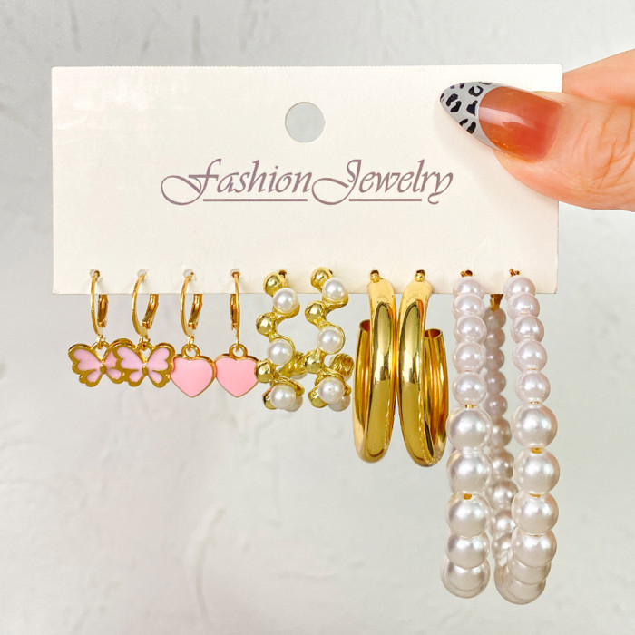 Korean Jewelry Circle Earrings Creative Vintage Pearl Earrings Set of 5 Acrylic Butterfly Pendant Earrings, Jewelry Sets