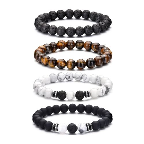 8mm Tiger Eye Bracelet Handmade Woven White Turquoise Bracelet Set Elastic Lava Adjustable Black Unisex Bracelet