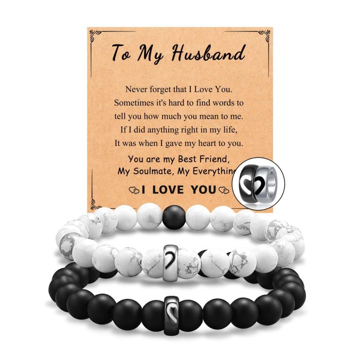 Frosted Black and White Turquoise Bracelet Set Holiday Gift Heart Bracelet Engraved Black and White Steel Ring Couple Bracelet
