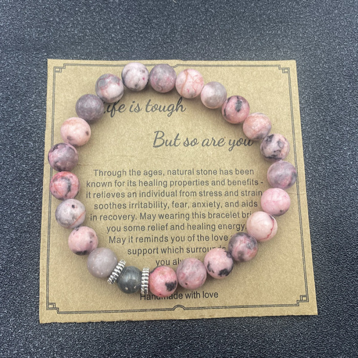 8mm Pink Zebra Stone Bead Bracelet with Card, Holiday Gift for Men and Women, Friendship Heart Bead Bracelet, Wholesale Hot Item