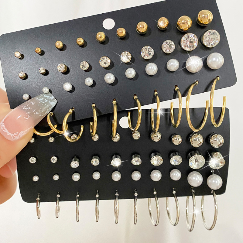 European and American Cross-Border New Pearl Zircon Earrings Set 20 Pairs Creative Retro Simple Elegant Hoop Earrings Wholesale