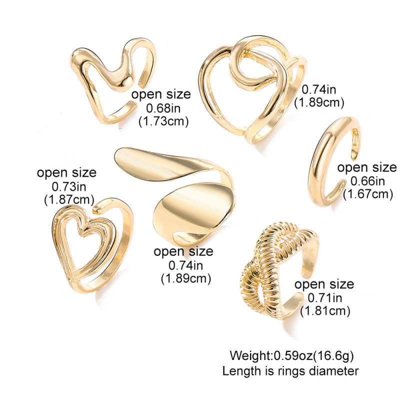 European and American Cross-Border Simple Irregular Hollow Arc Ring 6-Piece Set Design Open Smooth Exaggerated Ring Set