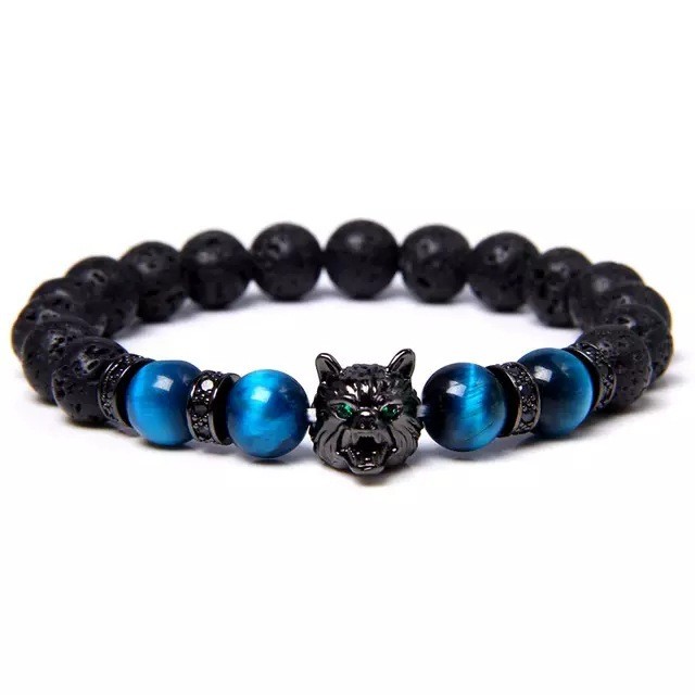 Blue Tiger Eye Bracelet Natural Stone Elastic Cord 8mm Black Matte Volcanic Stone Black Diamond Circle Wolf Head Green Tiger Eye Bracelet