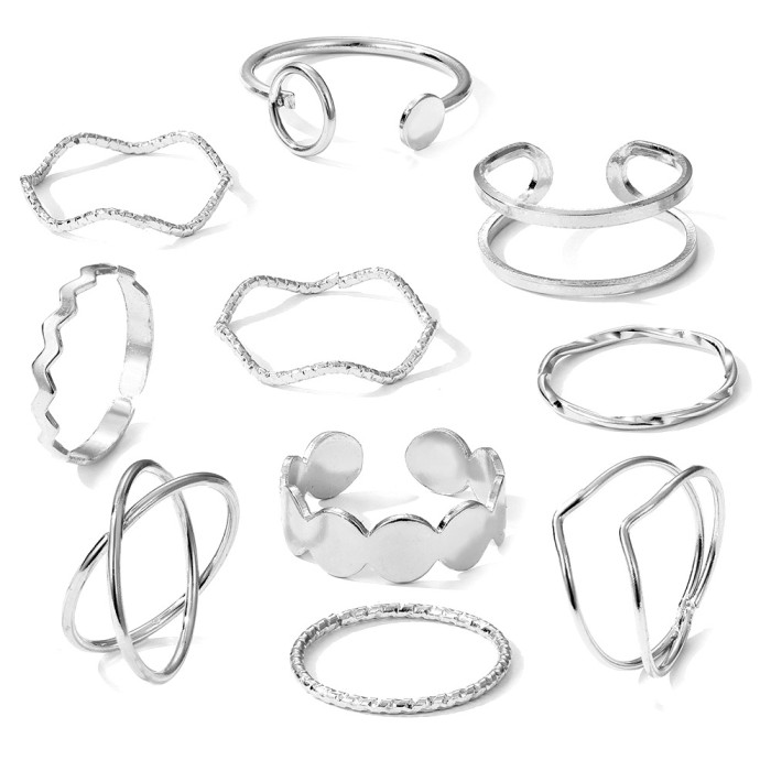European and American Style Alloy Open Rings 10-Piece Set Personality Water Wave Cross Rings Heart Rings Index Finger Knuckle Tail Rings