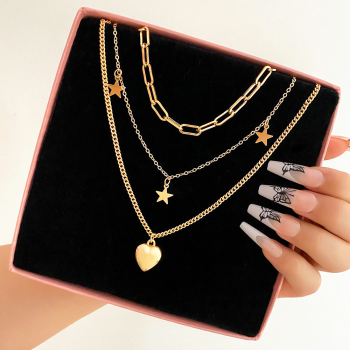 Retro Style Multi-layer Chain Necklace for Women, Ins Style Layered Trendy Collarbone Chain with Heart and Pentagram...