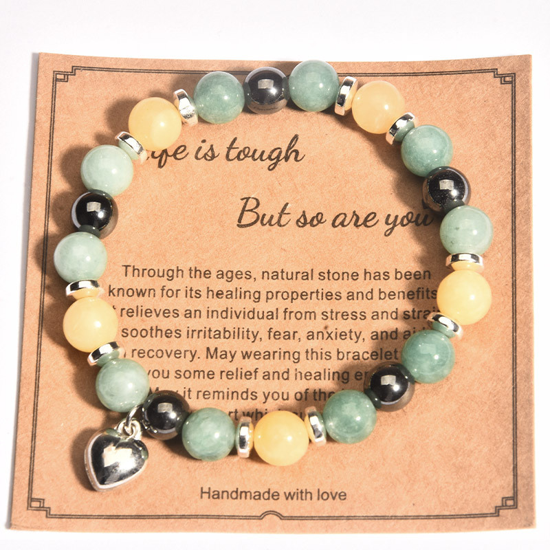 Summer New Arrival Handmade Woven Pink Zebra Green Chalcedony Hematite Unisex Beaded Heart Bracelet Cross-Border