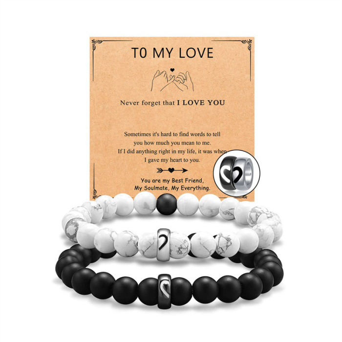 Hot-Selling White Pine Matte Bead Bracelet Set Black and White Beaded Couple Bracelets Pair of Heart Stainless Steel Beads