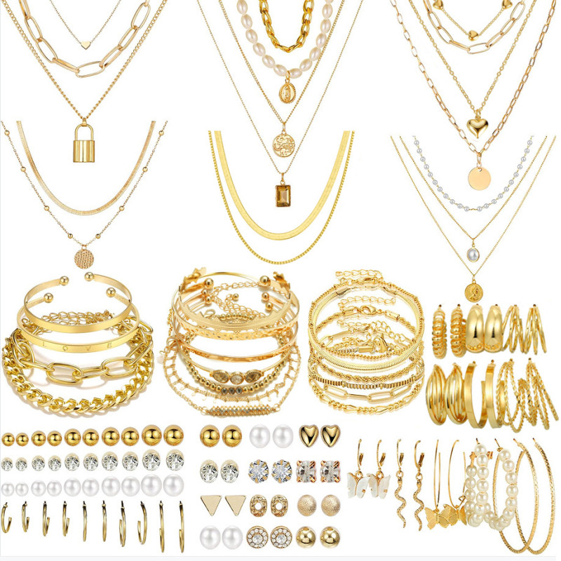 Cross-Border New Fashion Jewelry Set with Creative Zircon and Imitation Pearl Alloy for Women, 67-Piece Wholesale Set
