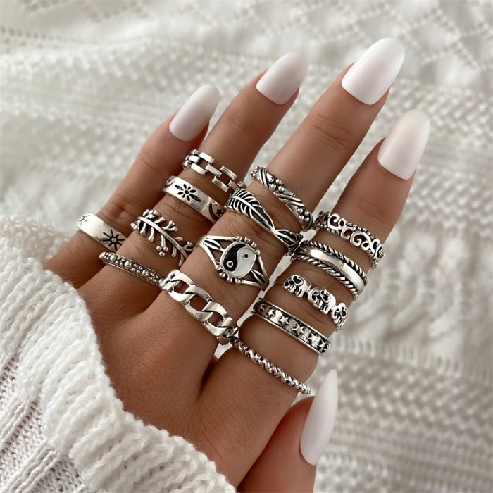 European and American Cross-Border Vintage Distressed Butterfly Snake-Shaped Ring Set Combination Open Multi-Joint Ring Set 9-Piece Set