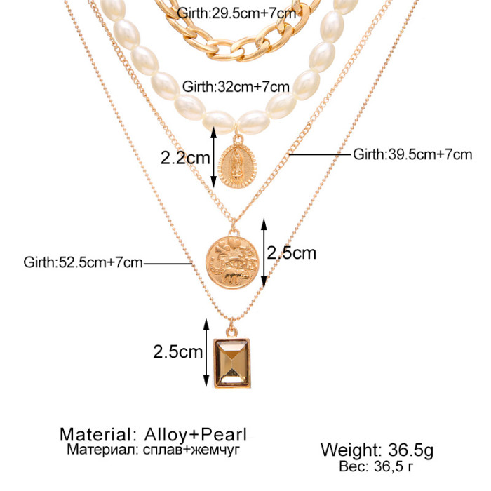 Jewelry Retro Coin Gemstone Necklace Sweater Chain for Women Personality Temperament Multi-Layer Pearl Necklace