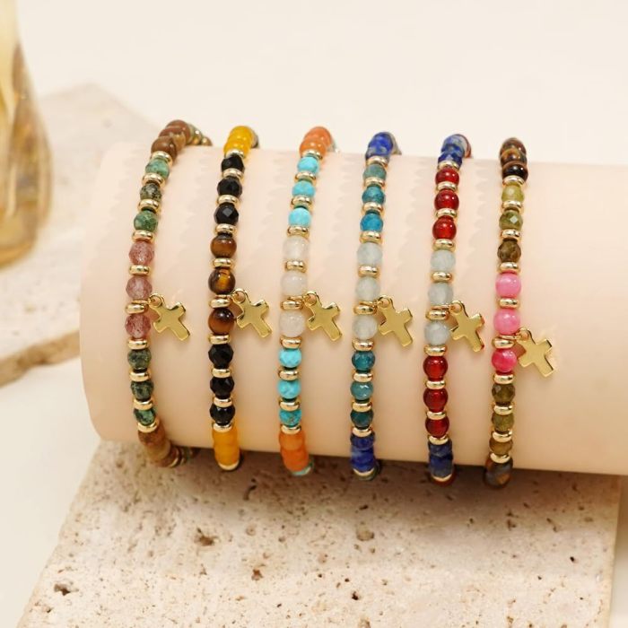 Cross-Border Semi-Precious Stone Bracelet Gold Bead Spacer Khaki Wax Thread Hand-Woven Bracelet Cross Crystal Bracelet