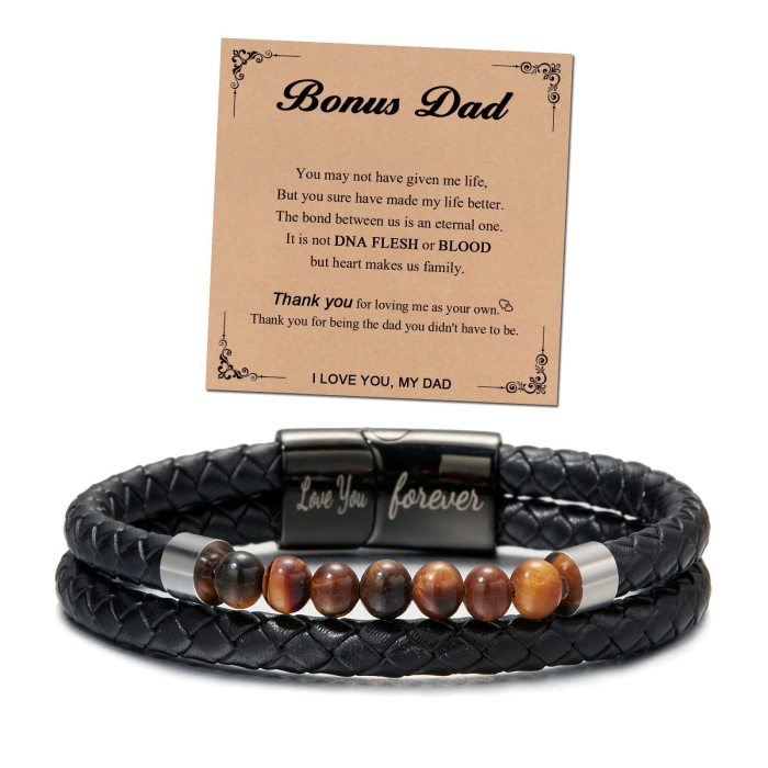 Leather Bracelet Stainless Steel Black Engraved Magnetic Clasp Love You Forever Double Layer Tiger Eye Stone Leather Bracelet