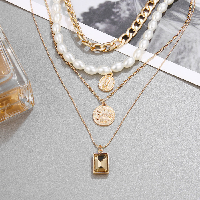 Jewelry Retro Coin Gemstone Necklace Sweater Chain for Women Personality Temperament Multi-Layer Pearl Necklace