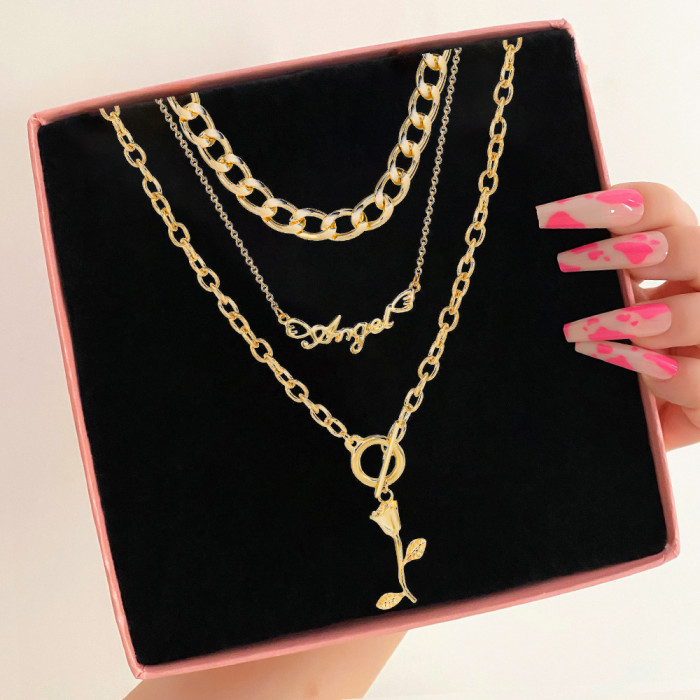 Jewelry Fashion Stone-Studded Pentagram Crescent Pendant Multi-Layer Stacking Necklace Personality Clavicle Chain N...