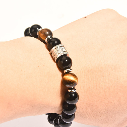 Stainless Steel Tiger Eye Obsidian Glossy Black Bead Men's Bracelet Cross-Border New Product Source Jewelry Manufacturer Direct Sale