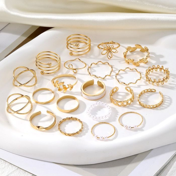 Cross-Border Hot Selling Butterfly Leaf Metal Multi-Joint Ring Set 21-Piece Hollow Heart Geometric Rings Wholesale