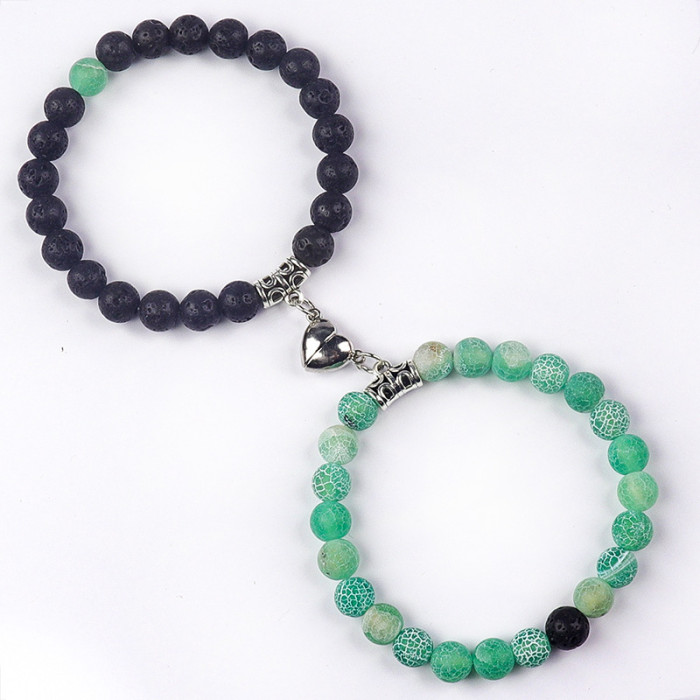 Wish AliExpress 8mm White Turquoise Couple Bracelet Matte Black Heart Magnetic Induction Turquoise Couple Bracelet