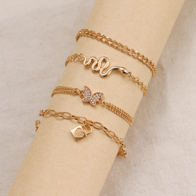 European and American Cross-Border New Retro Snake Chain Butterfly Lock Multi-Layer Anklet Set Ins 2-Piece Set Anklet for Women HZS1786