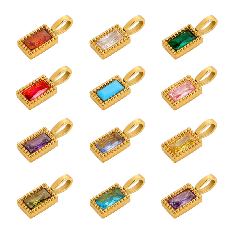European and American Cross-Border Fashion Square Niche Design Zircon Colorful Zircon Accessories Pendant Stainless Steel Accessories Wholesale