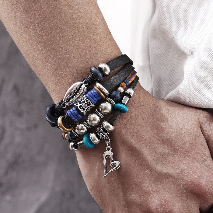 Cross-Border Turquoise Men's Woven Faux Leather Bracelet Multi-Layer Leaf Pendant Beaded Women's Bracelet Wholesale