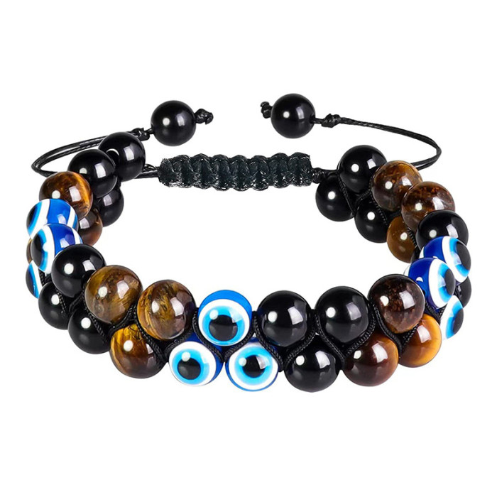 Amazon Hot-Selling Natural Stone Tiger Eye Braided Double-Layer Bracelet Adjustable Black Magnetic Stone Beaded Bracelet for Men and Women