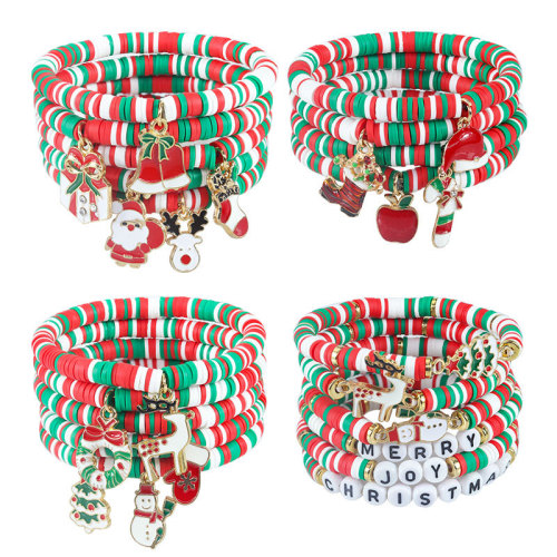 European and American Hot-Selling New Red Green White Soft Clay Alloy Letter Christmas Hand Ornament Santa Claus Pendant Christmas Bracelet
