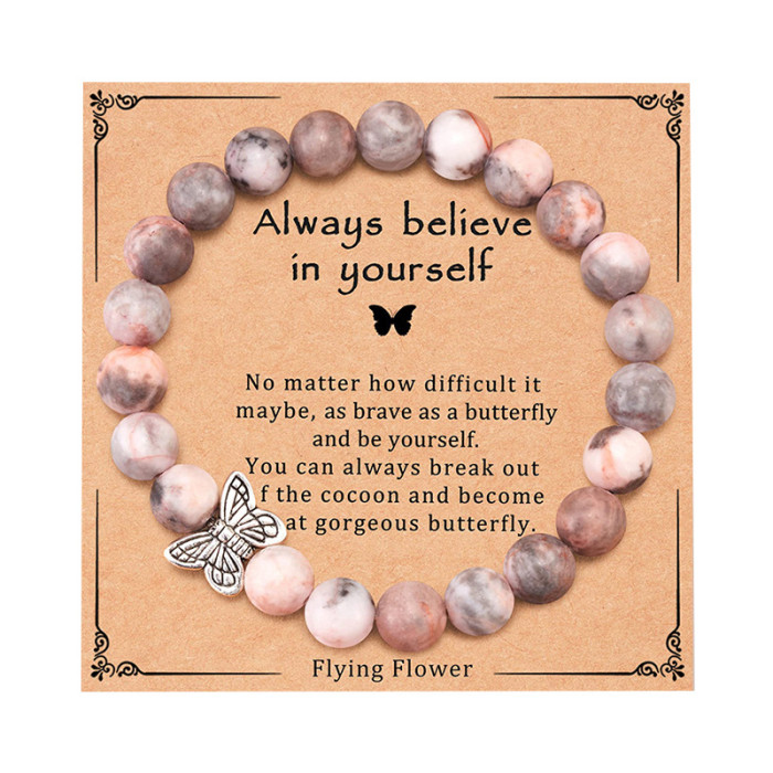Pink Zebra Bracelet You will be missed Gold Crown Pendant Red Vein Stone Butterfly Pendant Bracelet