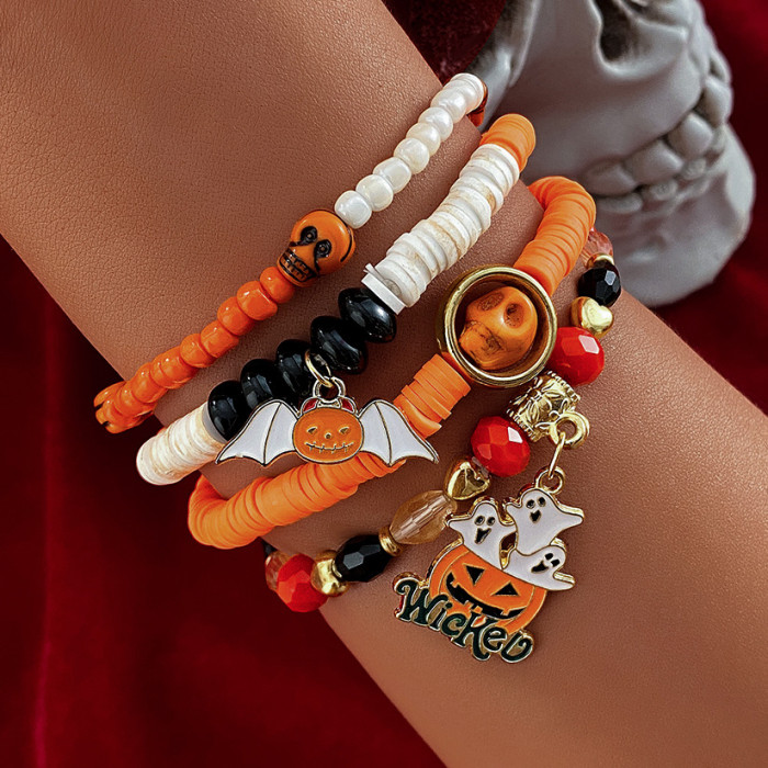 Halloween Multi-layer Bat Pumpkin Spider Hanging Bracelet Artificial Crystal Soft Clay Beaded Party Bracelet Halloween