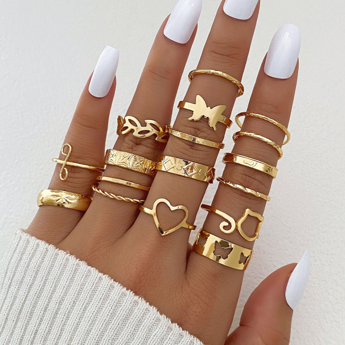 Cross-Border New Fashion Versatile Butterfly Heart Ring Set Personality Geometric Stacking Knuckle Rings Multi-Piece Set