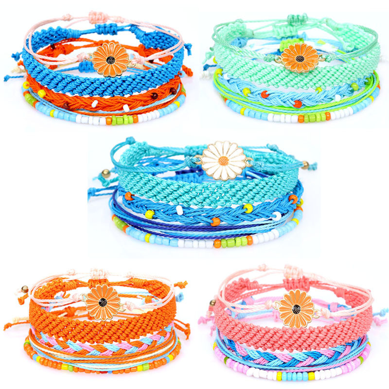 European and American INS Style Waterproof Wax Thread Woven Sunflower Daisy Sunflower Mixed Color Bracelet Rope
