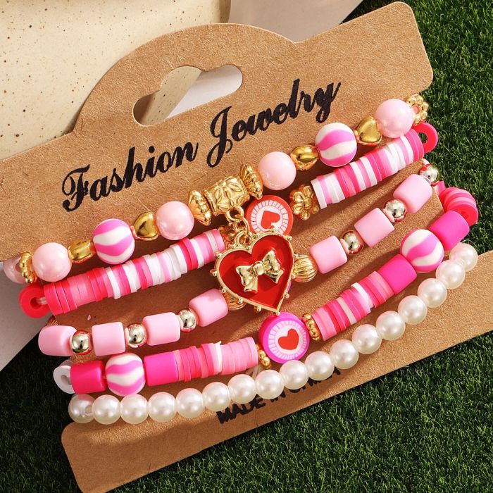 European and American Cross-Border Valentine's Day Bracelet Multi-Layer Stacked Pink Heart Pendant Bracelet Soft Clay Beaded Elastic Bracelet