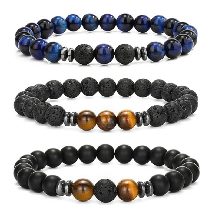 Hot-Selling Amazon European and American Men's Fashion Tiger Eye Volcanic Stone Bracelet White Pine Snowflake Bracelet Versatile Accessories