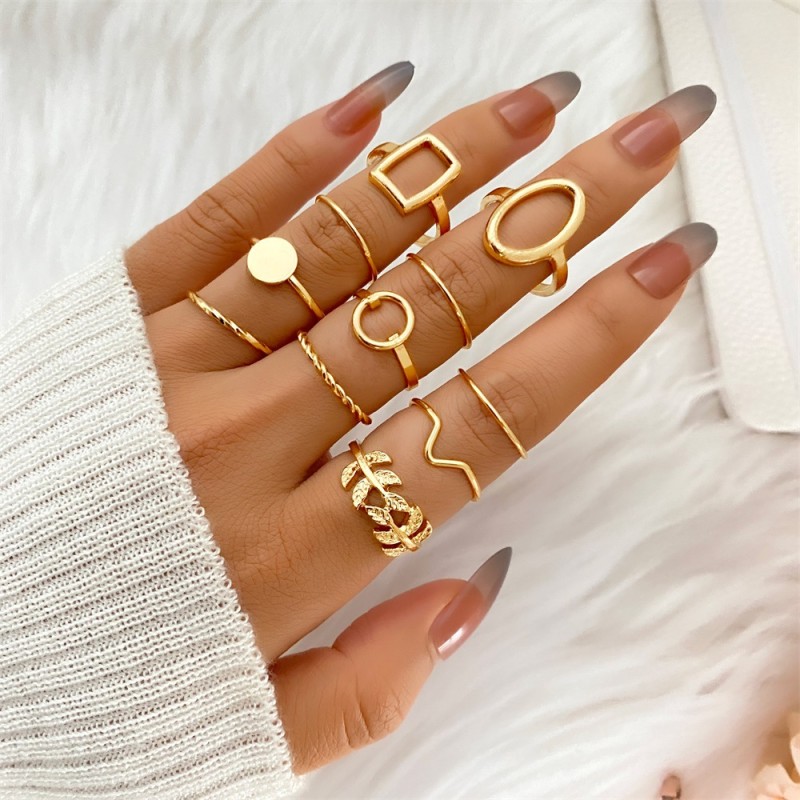 Cross-Border New Geometric Olive Branch Leaf Set 11-Piece Combination Creative Joint Ring for Women with Unique Design
