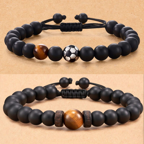 Amazon Hot Selling Obsidian Matte Braided Bracelet Men's Football Fashion Tiger Eye Stone Volcanic Stone Beaded Bracelet