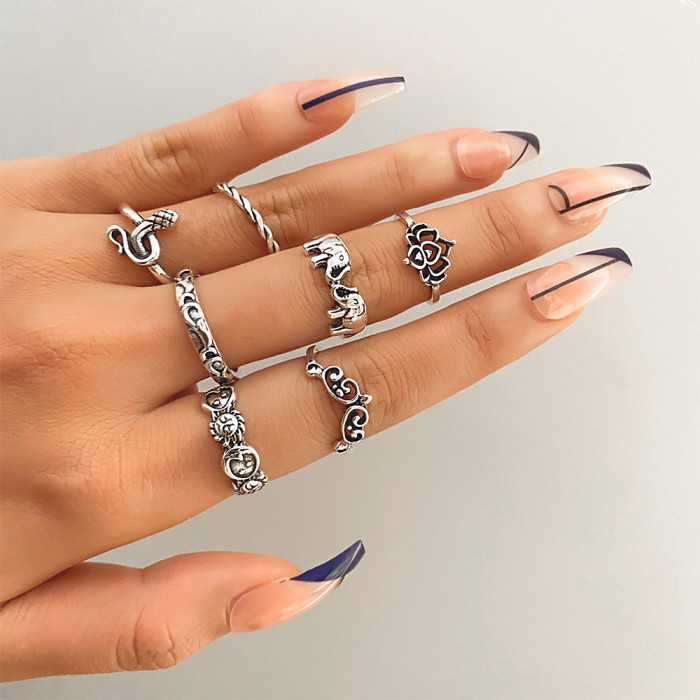 European and American Cross-Border Vintage Distressed Butterfly Snake-Shaped Ring Set Combination Open Multi-Joint Ring Set 9-Piece Set