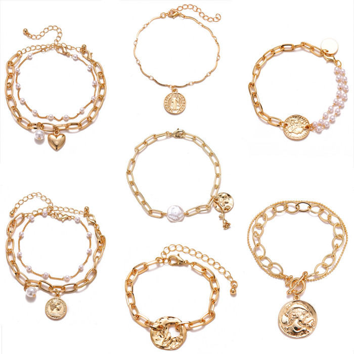 Hot-Selling Retro Fashion Jewelry Relief Head Coin Image Niche Design Baroque Pearl Bracelet