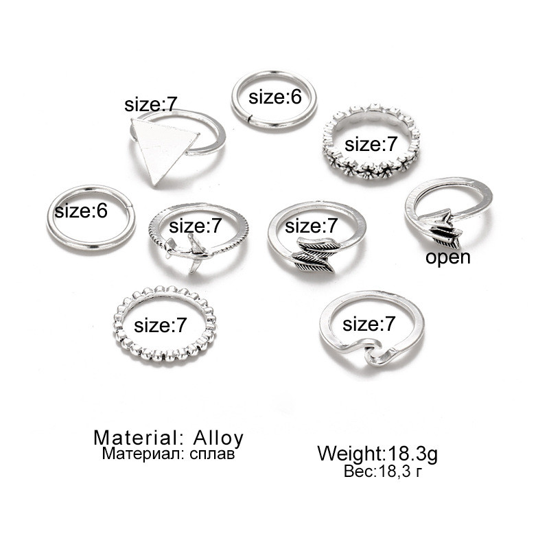 European and American Cross-Border Joint Open Ring Set Retro Flower Leaf Triangle Geometric Ring 9-Piece Set Combination