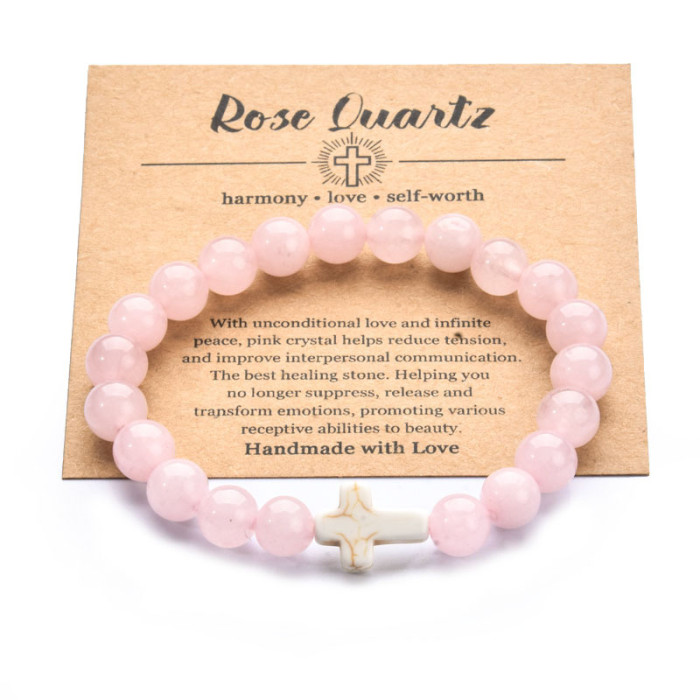 Cross-Border Hot Selling Volcanic Stone Bracelet Handmade Beaded Pink Zebra Cross Elastic Cord Hand Jewelry Bracelet Card Accessories