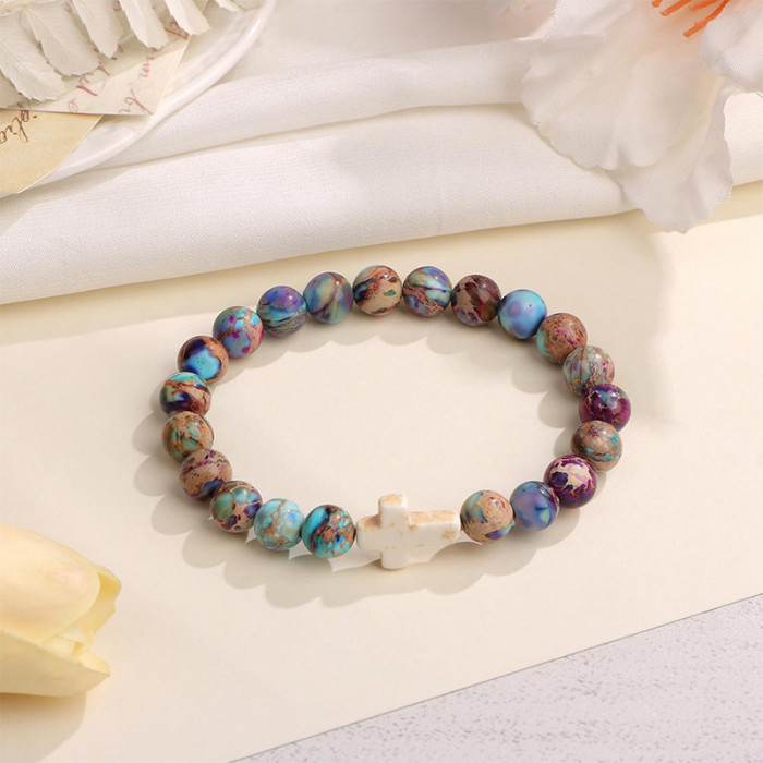 Cross-Border 8mm Pink Zebra Tiger Eye Cross Bracelet Pink Malachite Elastic Beaded Bracelet for Men and Women