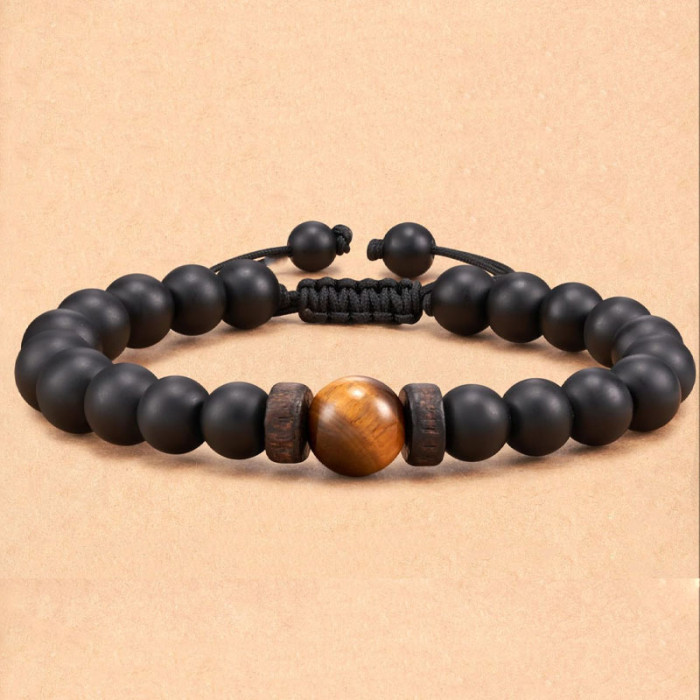 Amazon Hot Selling Obsidian Matte Braided Bracelet Men's Football Fashion Tiger Eye Stone Volcanic Stone Beaded Bracelet