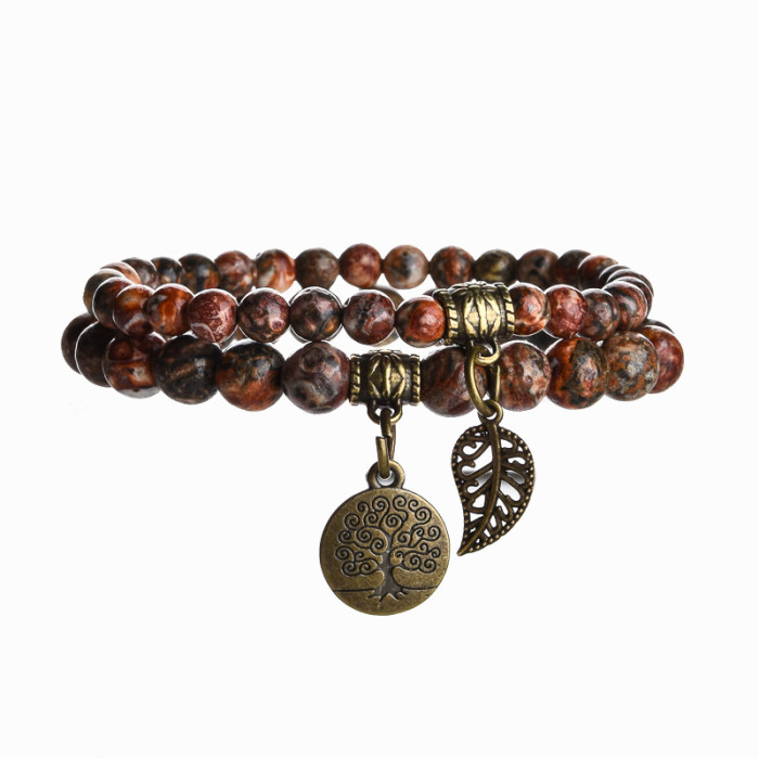 New Product 6m8m Tree of Life Leaf Pendant Set Bracelet Colorful Tiger Eye Amethyst Agate Bracelet Set Amazon