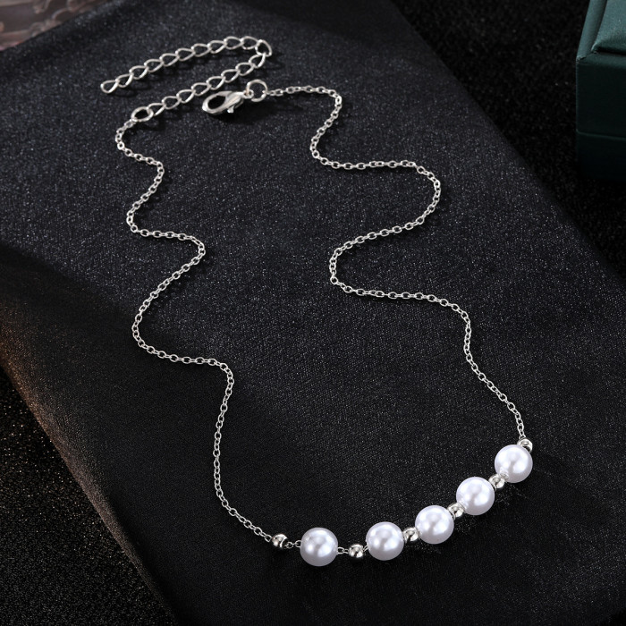 Five Pearl Necklace for Women Fashionable Elegant Versatile Round Bead Design Niche Light Luxury High-end Clavicle Ne...