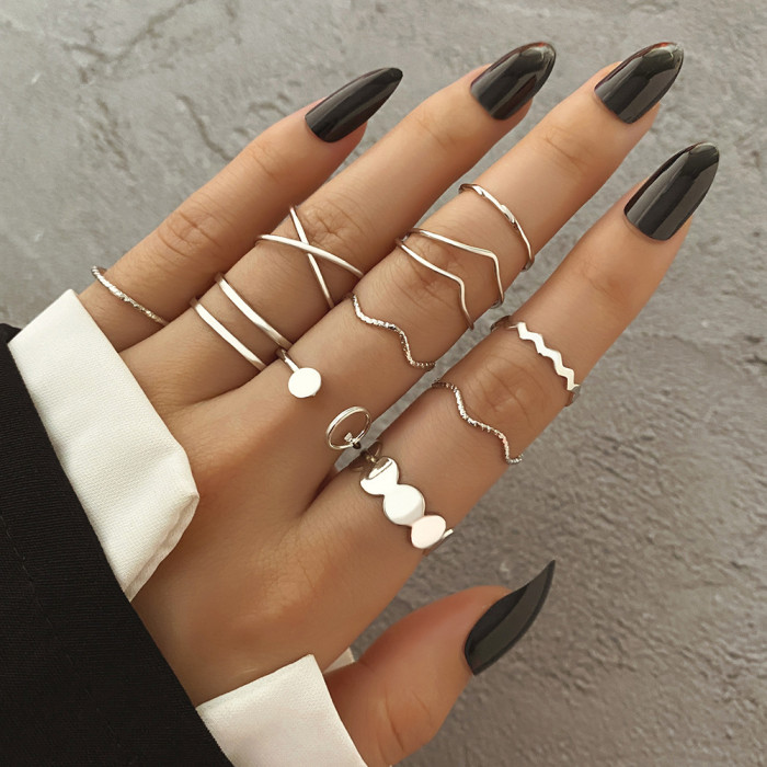 European and American Style Alloy Open Rings 10-Piece Set Personality Water Wave Cross Rings Heart Rings Index Finger Knuckle Tail Rings