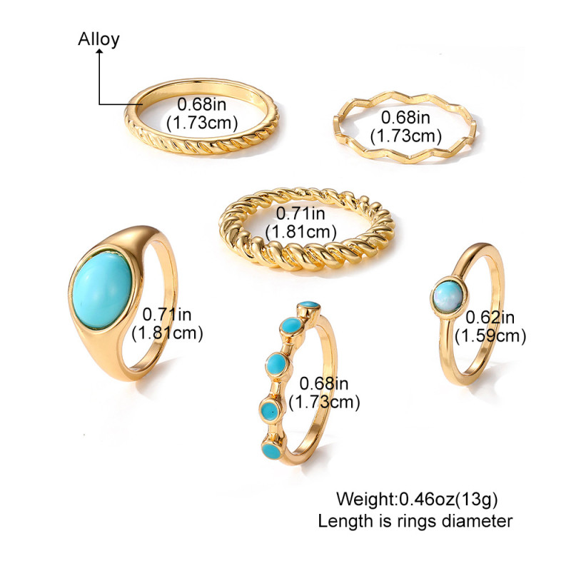 European and American Cross-Border New Style Pine Green Stone Braided Ring 6-Piece Set Gold Wave Knuckle Ring Green Pine Stone Women's Ring