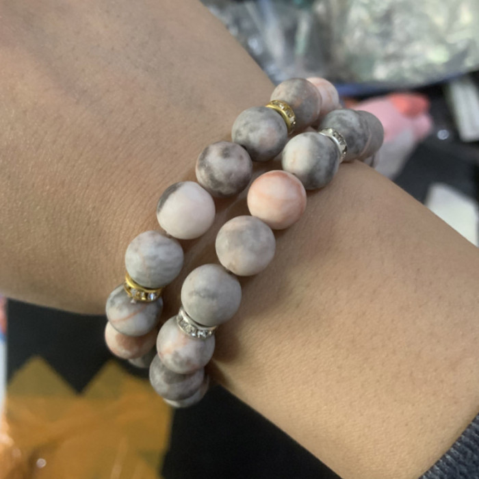 Cross-Border New 10mm Pink Zebra Stone Beaded Bracelet with Diamond Circle Elastic Heart Bracelet Amazon