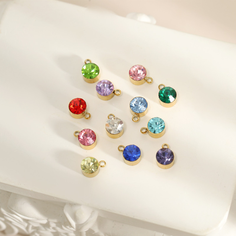 European and American Cross-Border Twelve Birthstone Round Zircon Stainless Steel DIY Necklace Pendant Accessories Wholesale