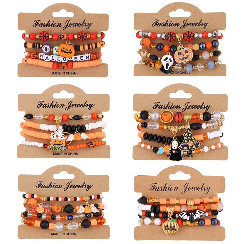 Halloween Multi-layer Bat Pumpkin Spider Hanging Bracelet Artificial Crystal Soft Clay Beaded Party Bracelet Halloween