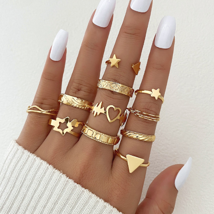 Cross-Border New Fashion Versatile Butterfly Heart Ring Set Personality Geometric Stacking Knuckle Rings Multi-Piece Set
